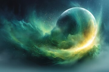 mystical celestial landscape with vibrant colors and swirling clouds showcasing a distant planet in 