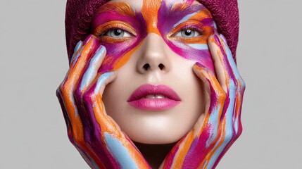 Wall Mural - woman with colorful makeup on her face and hands. she is wearing a pink hat. concept of creativity a