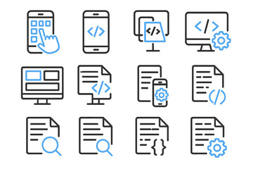 Digital code icons on black background with blue accent