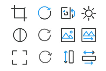 Photo editing icons set with blue highlights on dark background