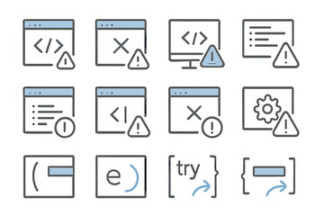 Blue and gray code icon set with alerts and warnings on metallic background