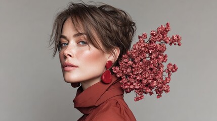 Wall Mural - woman with red hair and red earrings is wearing a red sweater and holding a bouquet of red flowers