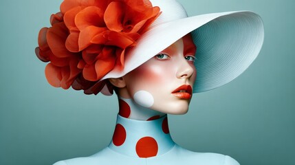 Wall Mural - woman with a red flower on her hat and red lips. she is wearing a white hat and a blue dress