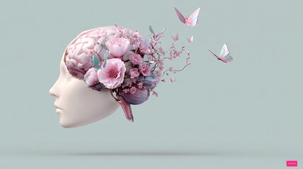 Wall Mural - woman's head with flowers and butterflies flying around it. concept of freedom and creativity