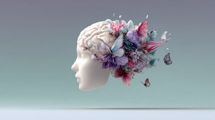 Wall Mural - woman's head with a butterfly on it. the butterfly is surrounded by flowers. concept of freedom and 
