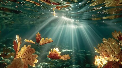 Wall Mural - ultra-detailed image of submerged leaves swirling in a slow-moving river eddy, sunlight penetrating 