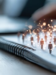 close up of notebook on desktop with creative glowing connected people icons on blurry background. p