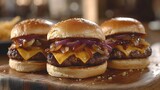 Mini sliders trio with different toppings including cheese, caramelized onions, and pickles, neatly arranged on a wooden paddle board 
