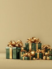 Wall Mural - a banner for the new year featuring christmas gift boxes with gold decorations on a khaki background
