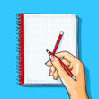 © Viktar - A hand grasping a pen and an open book is the subject of a modern illustration created in pop art comic style