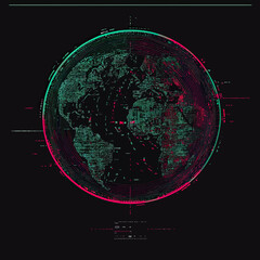 Wall Mural - digital glitch earth globe with red and green 3d anaglyph effect, technology network data visualizat