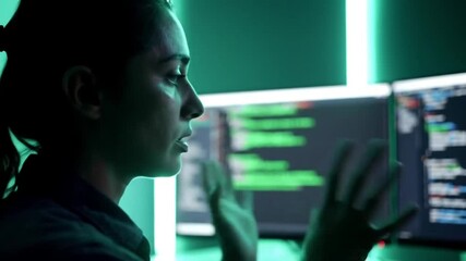 Dedicated female programmer coding at night with multiple monitors