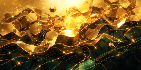 Wall Mural - golden abstract background with geometric shapes and flowing lines of light and sparkles
