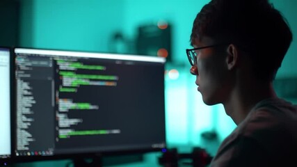Dedicated coder examining code lines on multiple screens late at night