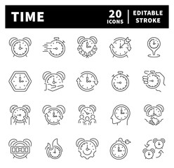 Wall Mural - set of thin line icons related to time. timer, alarm, stopwatch, hourglass, time icons