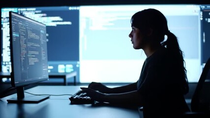 Focused developer coding software applications at a modern workstation