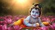 © Reza - Baby Krishna adorned with peacock feathers, lying among pink lotus flowers