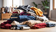 © Neural Canvas - Vibrant collection of neatly folded clothes forms colorful mountain, showcasing various textures and fabrics in cozy indoor setting. This highlights issue of textile waste and consumer habits