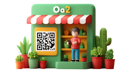 Cartoon store qr code shop small business retail plants online business digital marketing oa two concept on transparent background