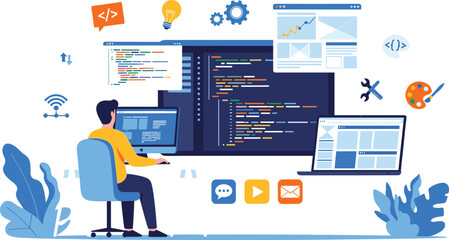 flat vector illustration web design and web application design process concept. with a web designer and developer programmer team working.