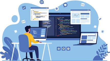 flat vector illustration web design and web application design process concept. with a web designer and developer programmer team working.
