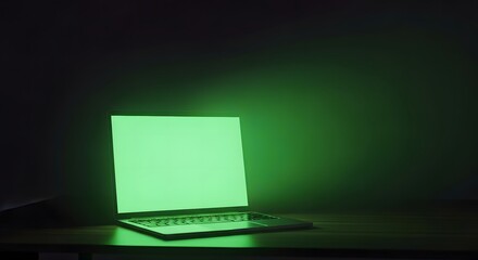 Glowing Green Laptop Screen in Dark Room  Digital Technology, Programming, and Cyber Security Concept