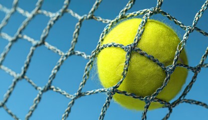 Close-up of a bright yellow tennis ball caught in a net against a vibrant blue backdrop