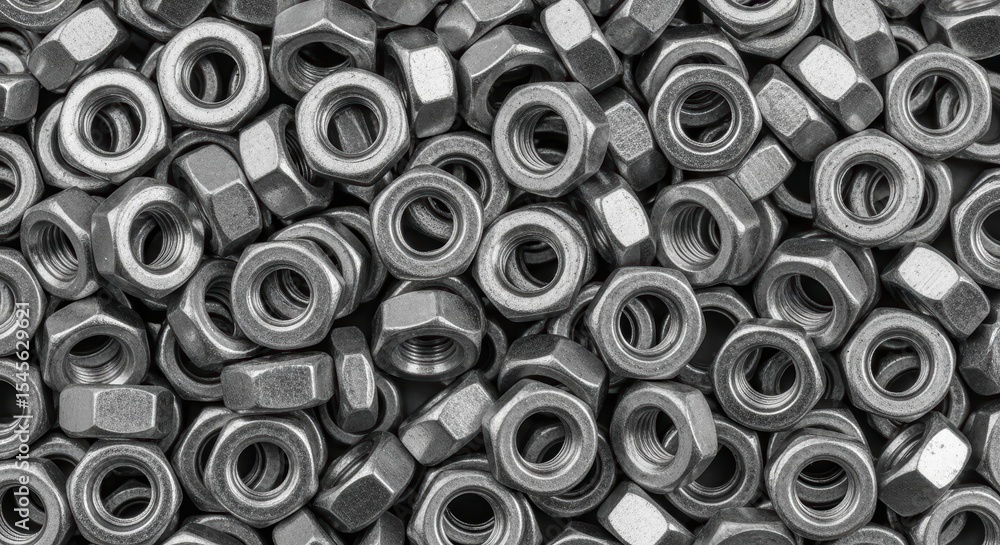 Close up top down view of a dense pile of numerous small hexagonal matte silver metal nuts