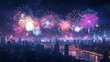 © TesLaTH - Stunning photo-realistic portrayal of New Year's Eve fireworks illuminating a festive city skyline filled with joyous celebration.