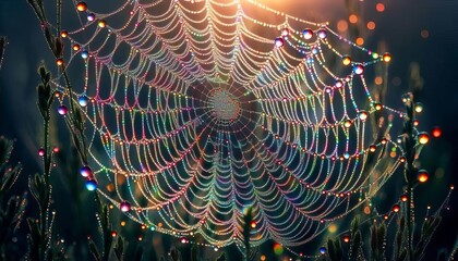 Macro shot of dew covered spiderweb with rainbow refraction earl