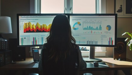 Woman analyzing data and charts on multiple monitors in her home office space