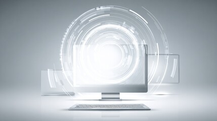 Futuristic computer display with transparent screens and glowing effects.