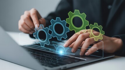 Person using laptop with digital gears interface