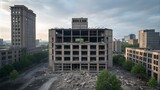 Derelict concrete building with exposed interior and urban landscape under overcast sky