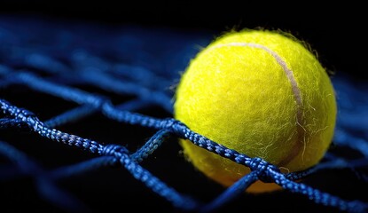 Close-up of a yellow tennis ball resting on a dark blue tennis net against a black background