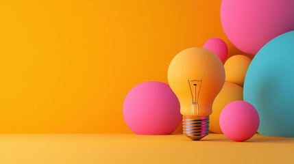 Wall Mural - bright and colorful light bulb surrounded by vibrant spheres on an orange background for creative an
