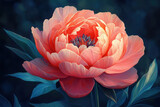 Pink peonia flower with green leaves in full bloom.