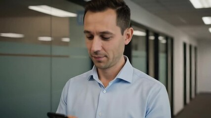 A smiling man checks his phone while walking down a modern office hallway