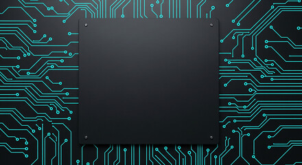 High tech circuit board texture with central glowing square