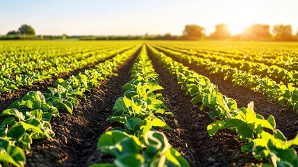 Wall Mural - a panoramic sugar beet field under flat overcast light, mature leafy tops spread across tilled dark soil, rich color difference adds realism, background horizon with subtle tree line, wide composition