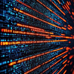 abstract digital code streams in blue and orange on a dark background, representing data flow, progr