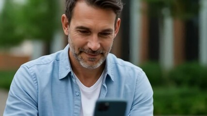 A man smiles while looking at his phone outdoors in a city setting