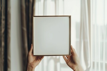 High Definition View of Realistic Square Size Photo Frame Mockup Holding on Hand