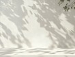 © Kardus - high definition picture of blank cream white cement curve counter podium with texture soft beautiful dappled sunlight leaf shadow on white wall for luxury organic cosmetic skincare beauty