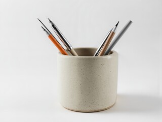 Realistic macro shot of a ceramic pen pot, handcrafted texture, subtle glaze imperfections, filled with a few pens and pencils, isolated on a seamless pure white backdrop, diffused light.