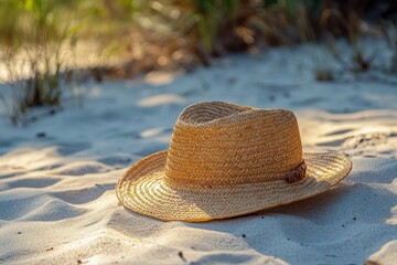Wall Mural - Straw hat resting on the warm sandy beach under bright sunlight, Straw hat lying on sandy beach in sunlight