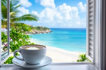 Wall Mural - Warm coffee cup resting on windowsill with a serene ocean view and clear blue skies, Warm cup of coffee on windowsill overlooking beautiful summer beach scene