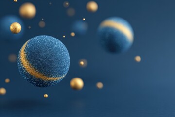 Wall Mural - Blue and gold glittering spheres floating against a dark blue background, creating a cosmic and abstract visual effect.