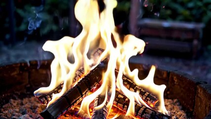 Wall Mural - flames are burning in a wooden bowl on a patio