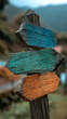 © vasyl pshyk - Rustic wooden signpost guiding travelers with arrows in tranquil nature, surrounded by a dreamy bokeh backdrop